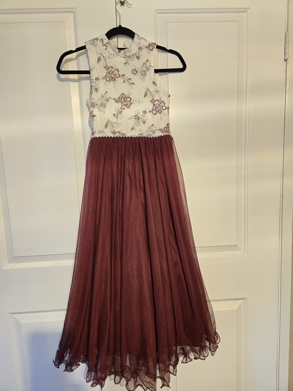 Special Occasion, Flower Girl White & Burgundy Floral Embroidered Tulle Dress